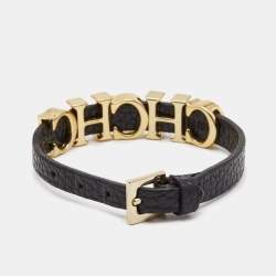 مملوكة مسبقًا Carolina Herrera CH Black Leather Gold Tone Logo Bracelet