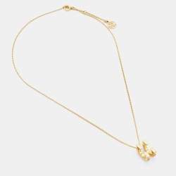 Pre Owned Carolina Herrera Gold Tone C/H Crystal Studded Pendant Necklace