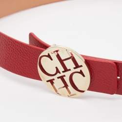 Pre Owned Carolina Herrera Red Leather Logo Round Buckle Belt 85CM
