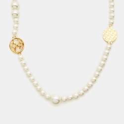 Pre Owned CH Carolina Herrera Faux Pearl Gold Tone Long Station Necklace