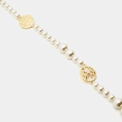 Pre Owned CH Carolina Herrera Faux Pearl Gold Tone Long Station Necklace