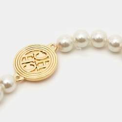Pre Owned CH Carolina Herrera Faux Pearl Gold Tone Long Station Necklace
