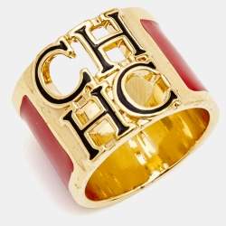 Pre Owned Carolina Herrera CH Enamel Gold Tone Ring Size 54