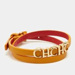 Pre Owned Carolina Herrera CH Logo Leather Gold Tone Double Tour Bracelet