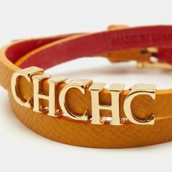 Pre Owned Carolina Herrera CH Logo Leather Gold Tone Double Tour Bracelet