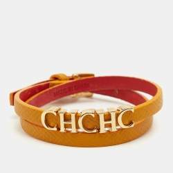 Pre Owned Carolina Herrera CH Logo Leather Gold Tone Double Tour Bracelet
