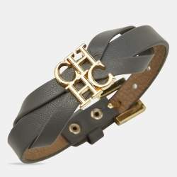 Pre Owned Carolina Herrera CH Ribbon Leather Gold Tone Bracelet