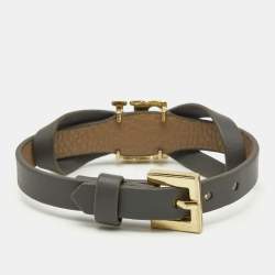 Pre Owned Carolina Herrera CH Ribbon Leather Gold Tone Bracelet