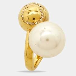 Carolina Herrera CH Faux Pearl Crystal Gold Tone Ring Size 49