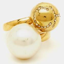 Carolina Herrera CH Faux Pearl Crystal Gold Tone Ring Size 49