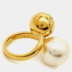 Carolina Herrera CH Faux Pearl Crystal Gold Tone Ring Size 49