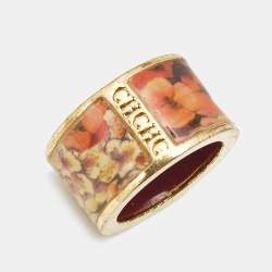 Pre Owned Carolina Herrera CH Enamel Gold Tone Ring Size 54