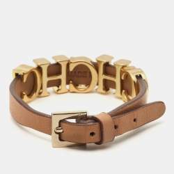 Pre Owned Carolina Herrera CH Leather Gold Tone Bracelet 