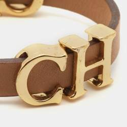 Pre Owned Carolina Herrera CH Leather Gold Tone Bracelet 