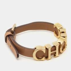 Pre Owned Carolina Herrera CH Leather Gold Tone Bracelet 