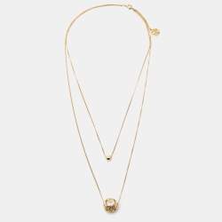Pre Owned Carolina Herrera Faux Pearl Gold Tone Logo Double Strand Necklace