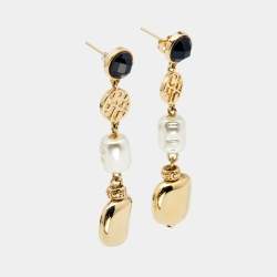 Carolina Herrera CH Crystal Faux Pearl Gold Tone Earrings