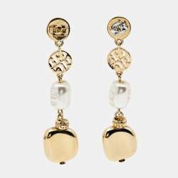 Carolina Herrera CH Crystal Faux Pearl Gold Tone Earrings