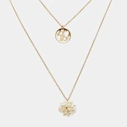 Pre Owned Carolina Herrera CH Faux Pearl Gold Tone Double Chain Necklace