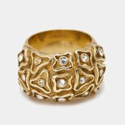 Carolina Herrera Crystal Textured Gold Tone Wide Band Ring Size 55