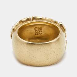 Carolina Herrera Crystal Textured Gold Tone Wide Band Ring Size 55