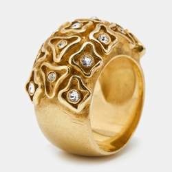 Carolina Herrera Crystal Textured Gold Tone Wide Band Ring Size 55