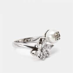 Carolina Herrera CH Crystal Faux Pearl Silver Tone Ring Size 56