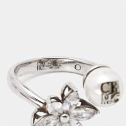 Carolina Herrera CH Crystal Faux Pearl Silver Tone Ring Size 56