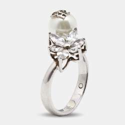 Carolina Herrera CH Crystal Faux Pearl Silver Tone Ring Size 56