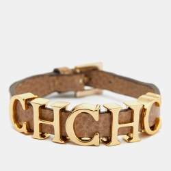 Pre Owned Carolina Herrera Beige Leather Logo Charm Bracelet