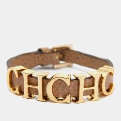 Carolina Herrera Beige Leather Logo Charm Bracelet