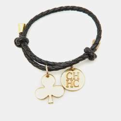 Carolina Herrera CH Charms Braided Black Leather Gold Tone Bracelet