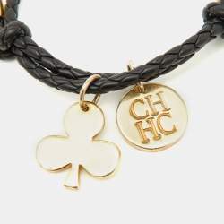 Carolina Herrera CH Charms Braided Black Leather Gold Tone Bracelet