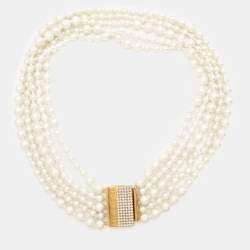 Carolina Herrera CH Crystal Embellished Faux Pearl Gold Tone Necklace