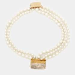 Carolina Herrera CH Crystal Faux Pearl Gold Tone Bracelet