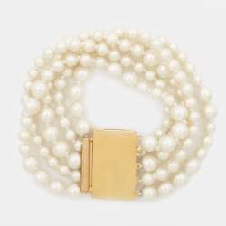 Carolina Herrera CH Crystal Faux Pearl Gold Tone Bracelet