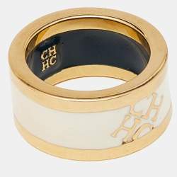 Carolina Herrera CH Cream Enamel Gold Tone Band Ring Size 54