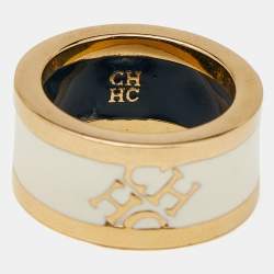 Carolina Herrera CH Cream Enamel Gold Tone Band Ring Size 54