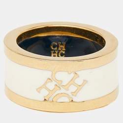 Carolina Herrera CH Cream Enamel Gold Tone Band Ring Size 54