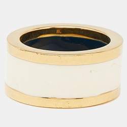 Carolina Herrera CH Cream Enamel Gold Tone Band Ring Size 54