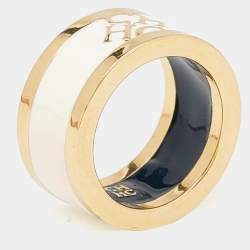 Carolina Herrera CH Cream Enamel Gold Tone Band Ring Size 54