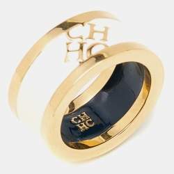 Carolina Herrera CH Cream Enamel Gold Tone Band Ring Size 54