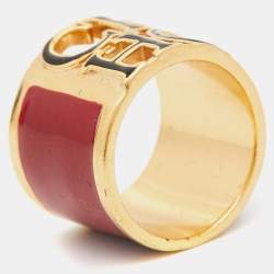 Carolina Herrera CH Enamel Gold Tone Ring Size 53