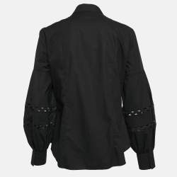 Pre Owned Carolina Herrera Black Cotton Lace Trim Puff Sleeve Shirt M