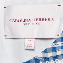 Carolina Herrera Blue Lace Trim Checked Cotton Midi Dress L