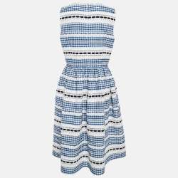 Carolina Herrera Blue Lace Trim Checked Cotton Midi Dress L