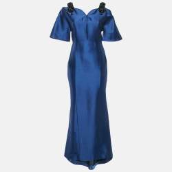 Pre Owned Carolina Herrera Navy Blue Embellished Cotton Blend Evening Gown S