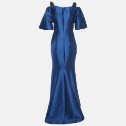 Pre Owned Carolina Herrera Navy Blue Embellished Cotton Blend Evening Gown S