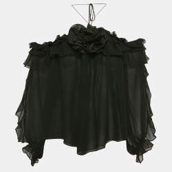 Carolina Herrera Black Silk Floral Detail Off-Shoulder Top M