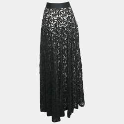 Pre Owned Carolina Herrera Black Floral Lace Raw Edge Maxi Skirt M